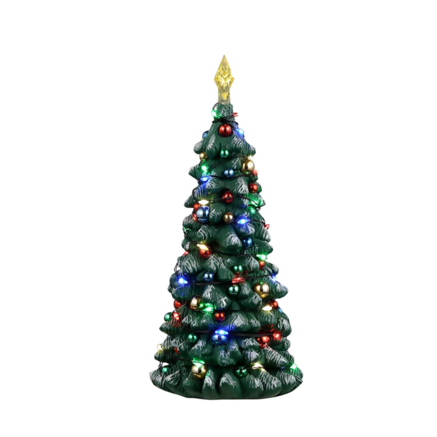 Lemax tree beside mini-figure showing scale and placement flexibility benefits