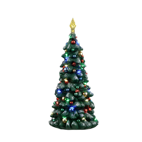 Lemax tree beside mini-figure showing scale and placement flexibility benefits