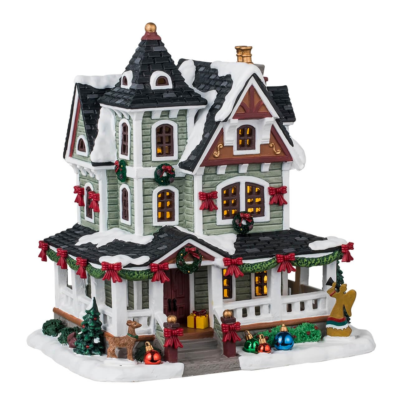 Lemax Whitbey Residence front view with warm glowing lights for festive ambiance