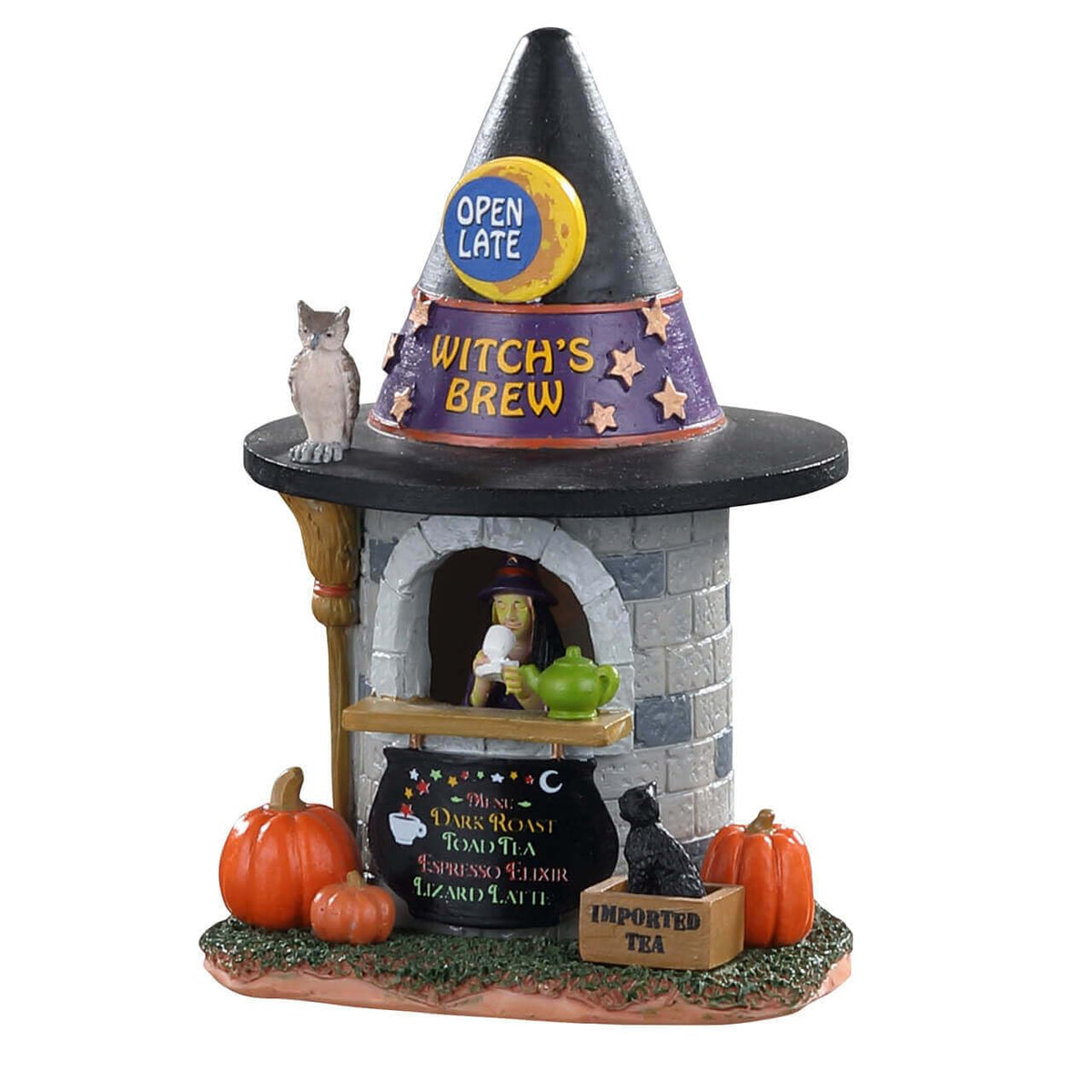 Lemax Witch's Brew front view showing witch-hat roof and spooky charm for display