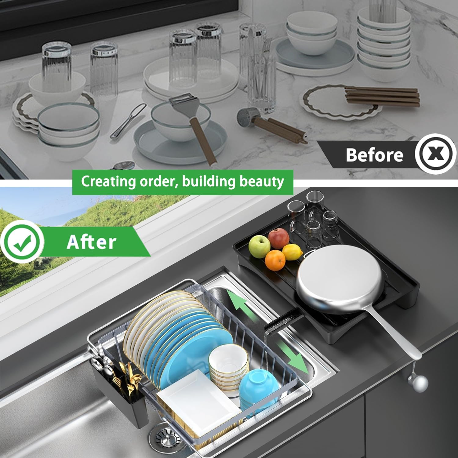 LEMIKKLE rack expanded across sink demonstrating adjustable 14–19" fit