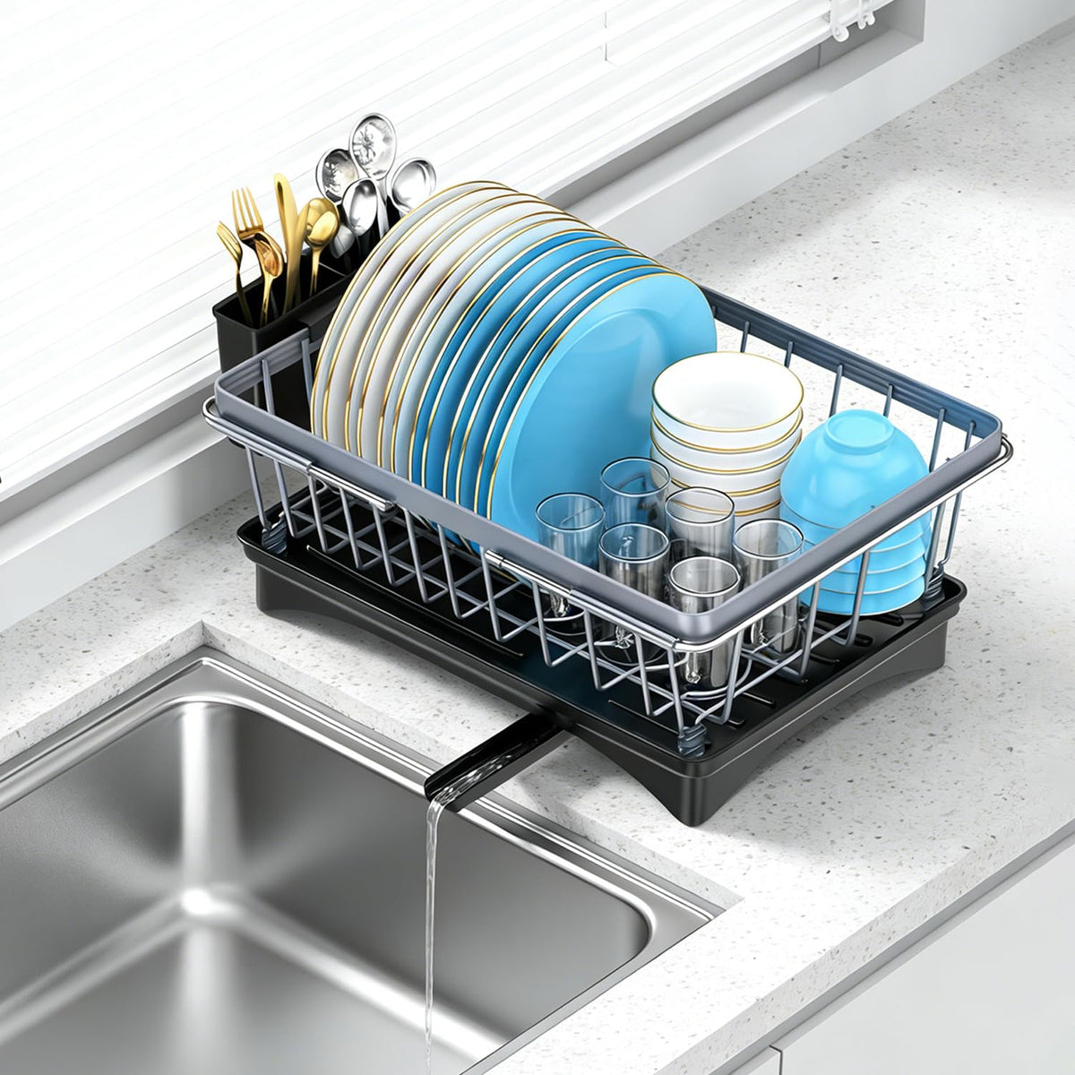 LEMIKKLE front view of over-sink rack showing compact space-saving benefit