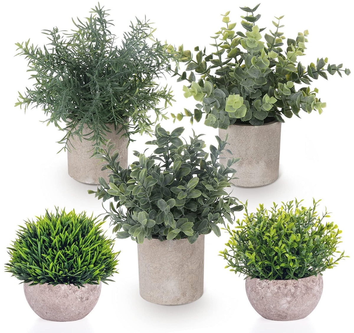 Lemonfilter front view of five potted faux eucalyptus, shows complete set and decor benefit