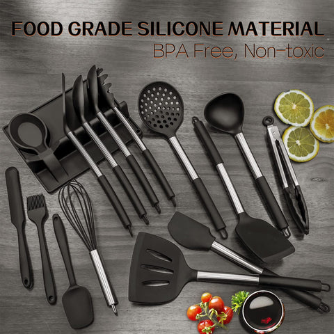 LeMuna utensils in nonstick pan demonstrating safe, non-scratching cooking benefit