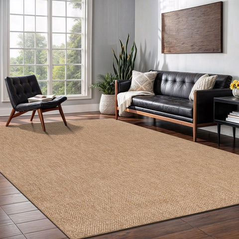 Lena Rug next to sofa and coffee table showing 5x7 size and furniture fit