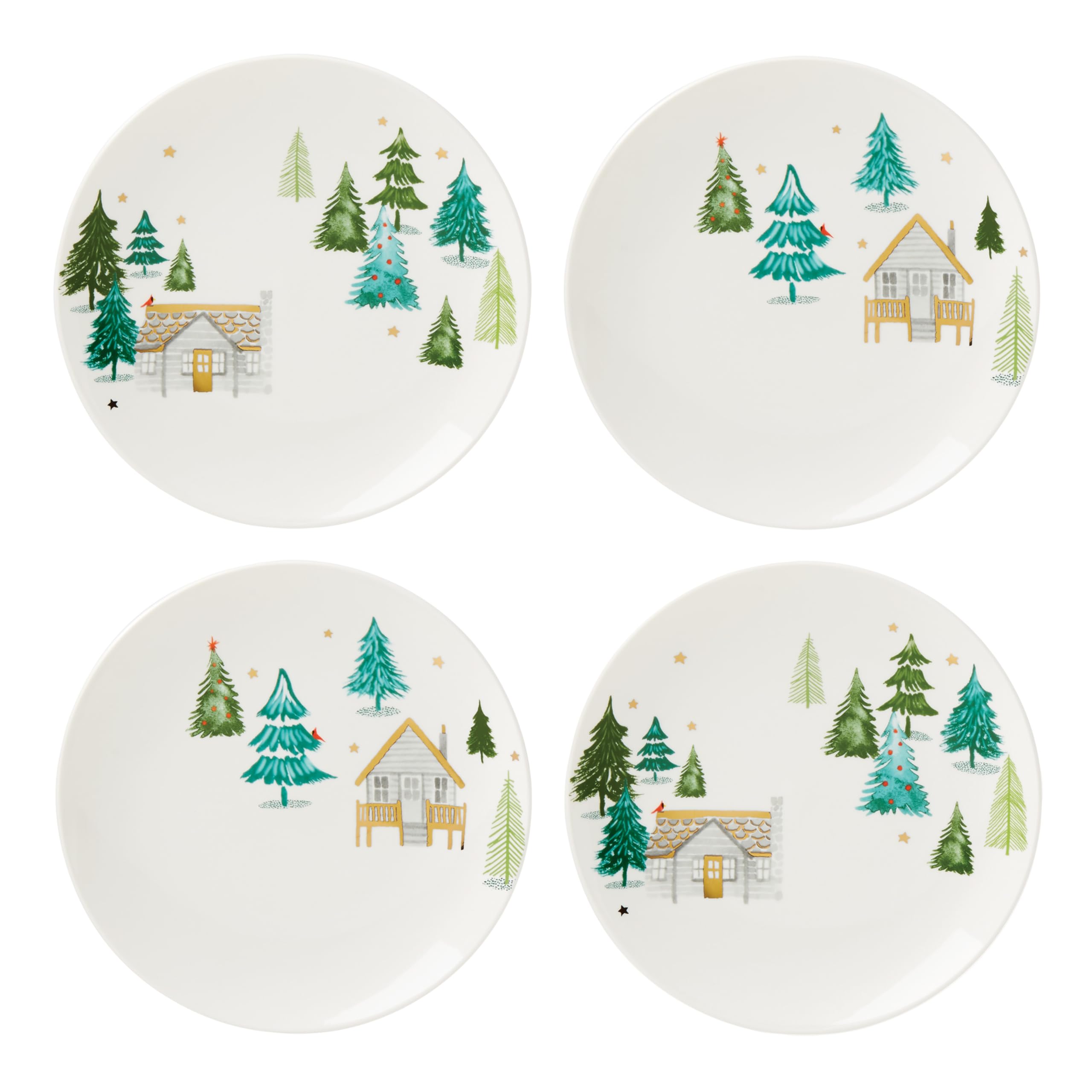 Lenox Balsam Lane porcelain accent plate front view showing winter cabin scene and gold stars for festive tables