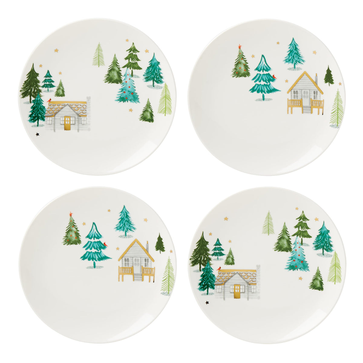 Lenox Balsam Lane porcelain accent plate front view showing winter cabin scene and gold stars for festive tables