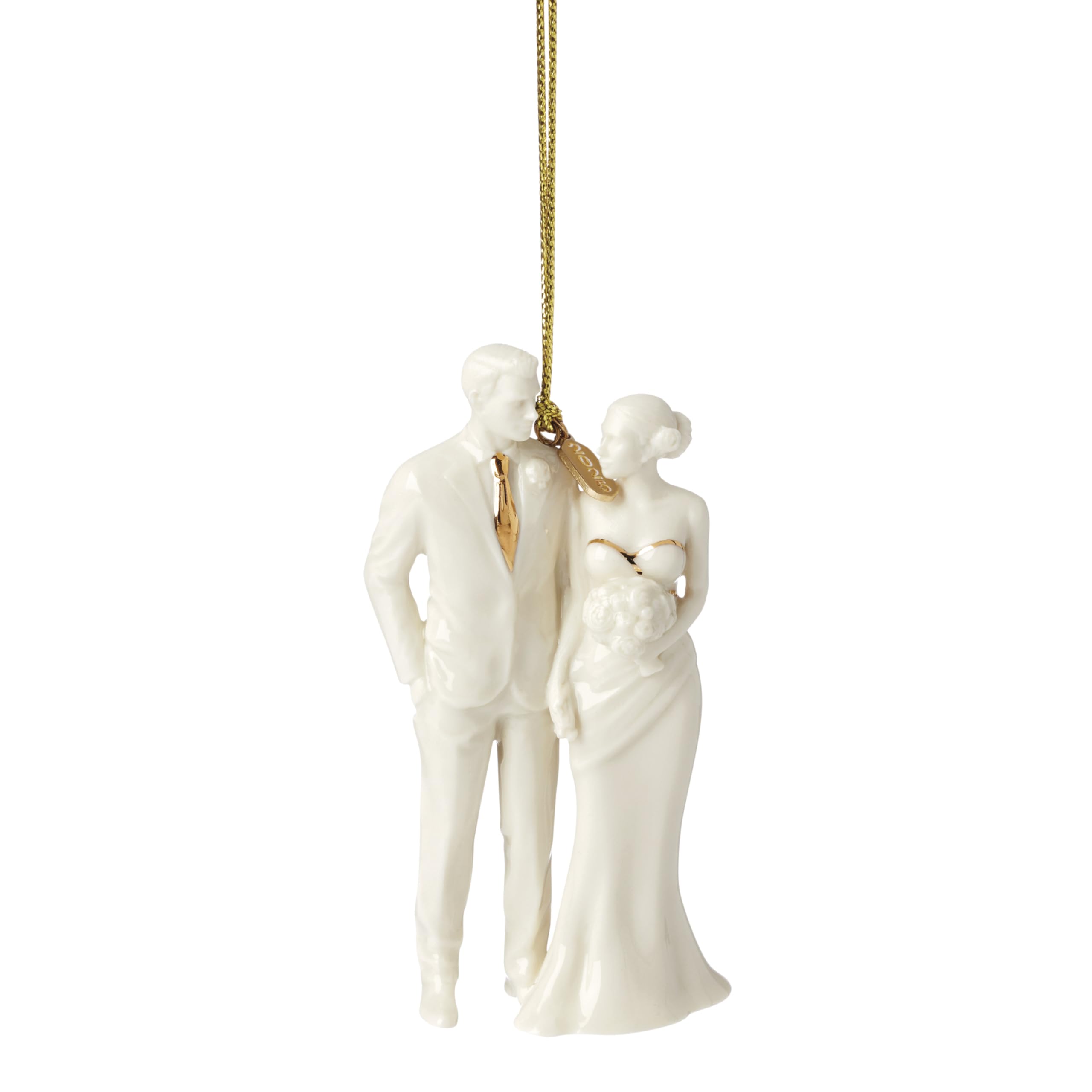 Lenox ornament front view showing bride and groom design and festive charm