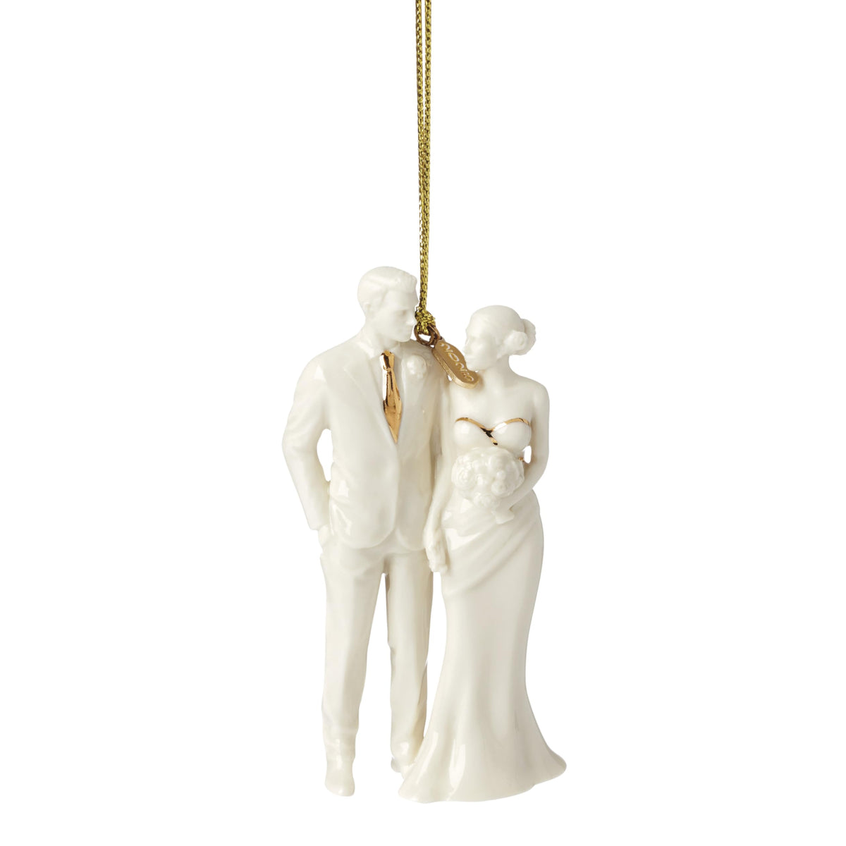 Lenox ornament front view showing bride and groom design and festive charm