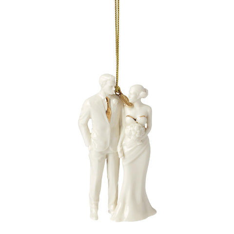 Lenox ornament front view showing bride and groom design and festive charm
