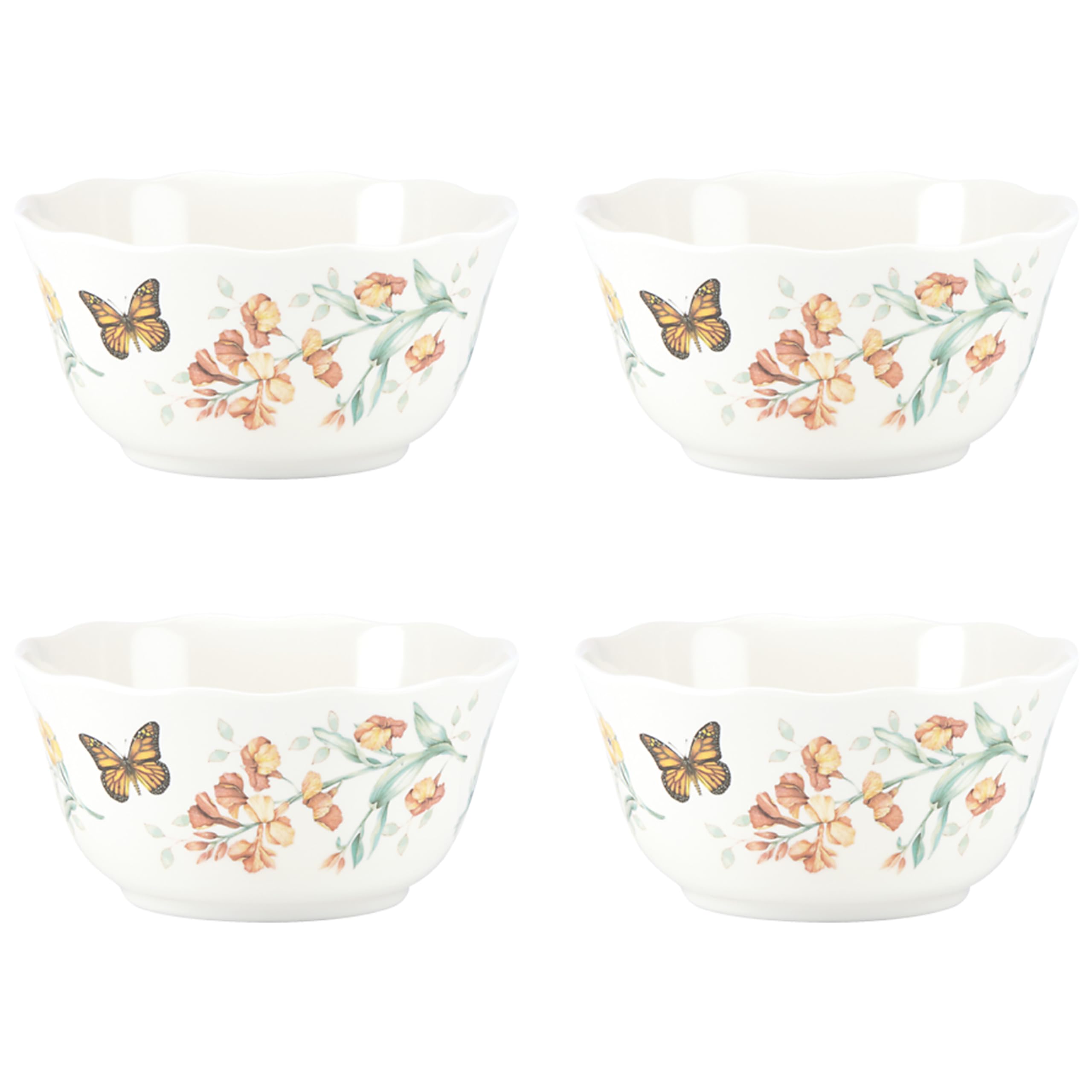 Lenox bowl front view showing Butterfly Meadow print and scalloped rim, elegant durability
