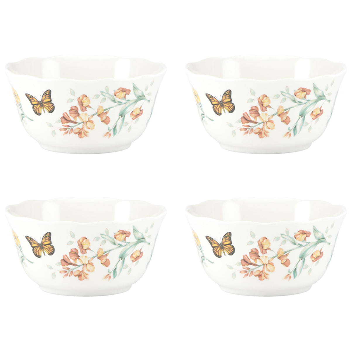 Lenox bowl front view showing Butterfly Meadow print and scalloped rim, elegant durability