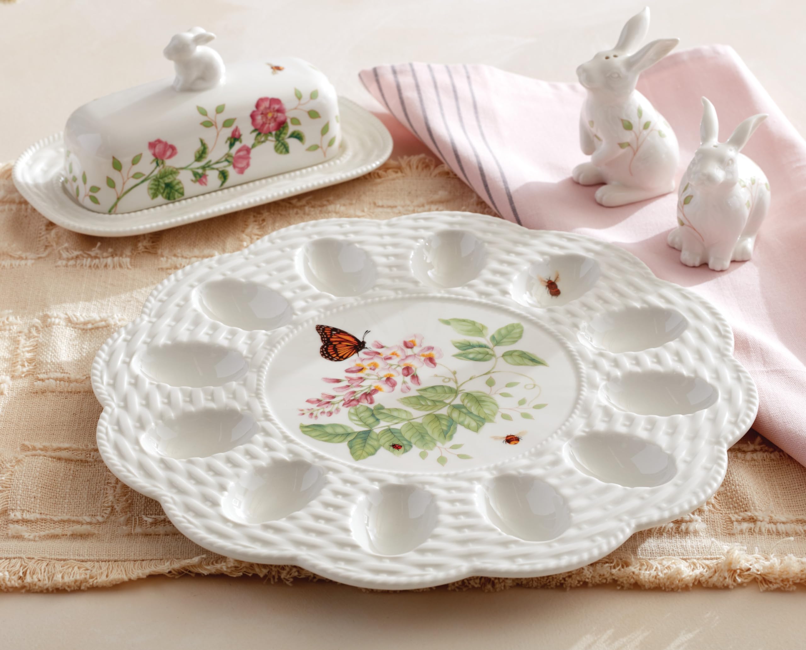Lenox Butterfly Meadow pattern detail showing flowers and butterflies, vibrant durable finish