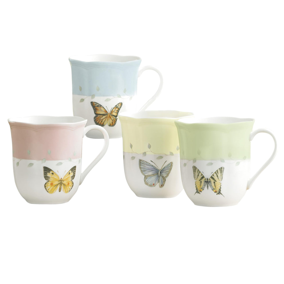 Lenox mug front packaging showing four butterfly designs for elegant table settings