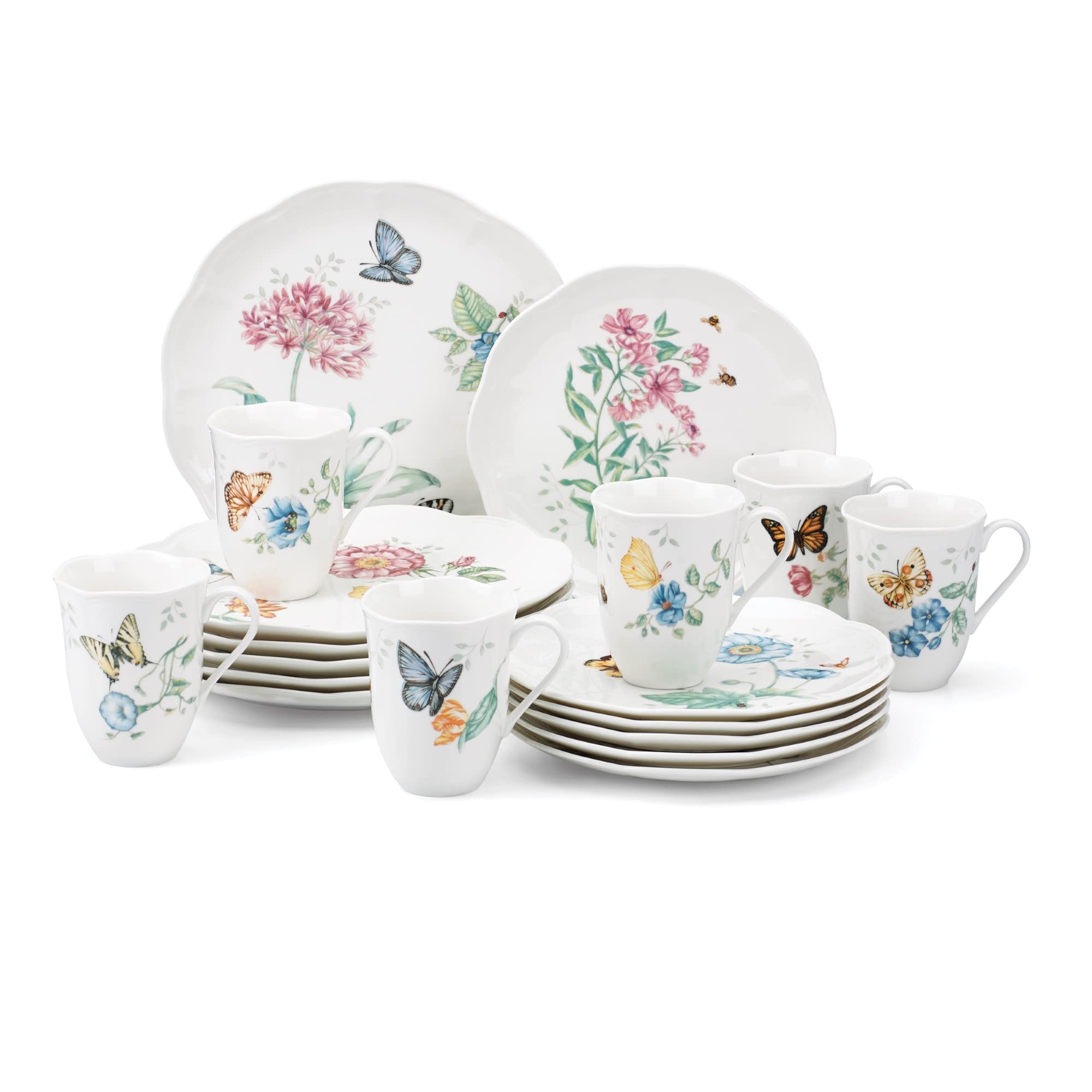 Lenox front view of full 18-piece set on table showing whimsical meadow charm