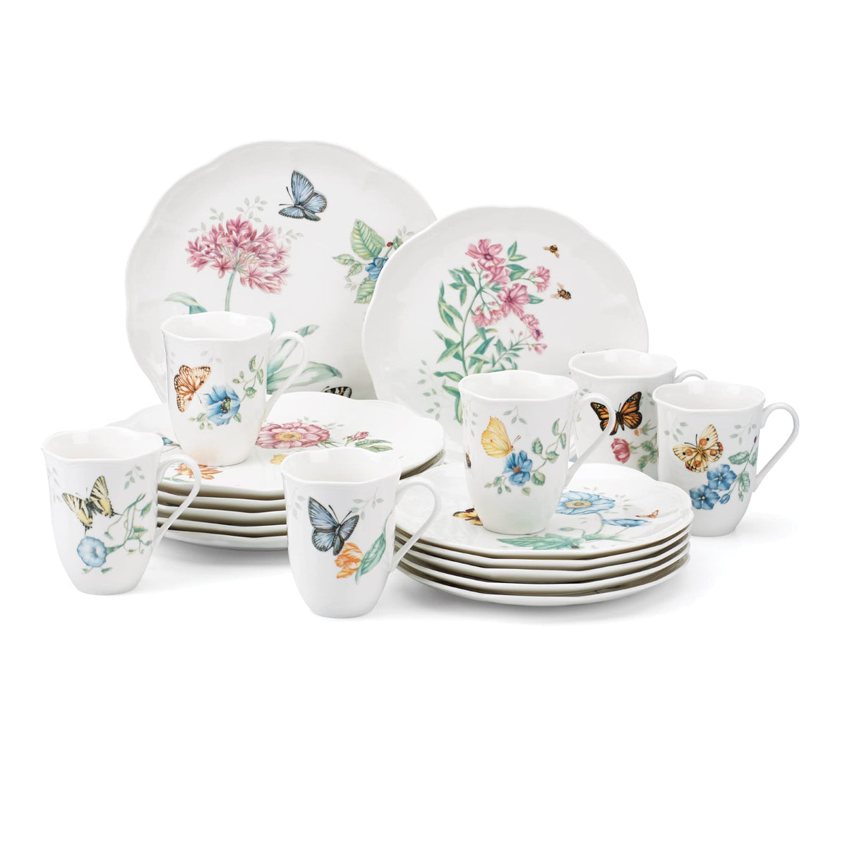 Lenox front view of full 18-piece set on table showing whimsical meadow charm