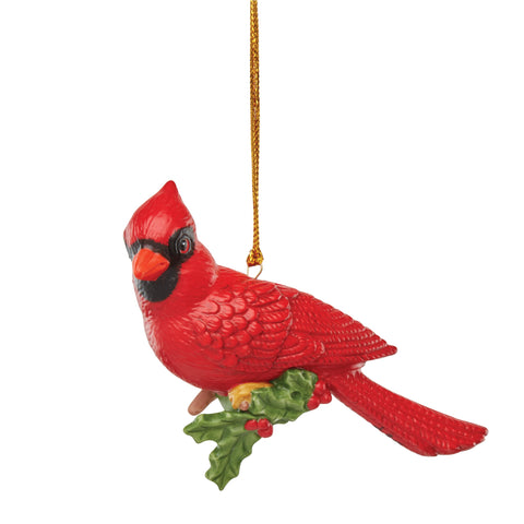 Lenox cardinal ornament front view showing vibrant red porcelain and holly detail for festive display
