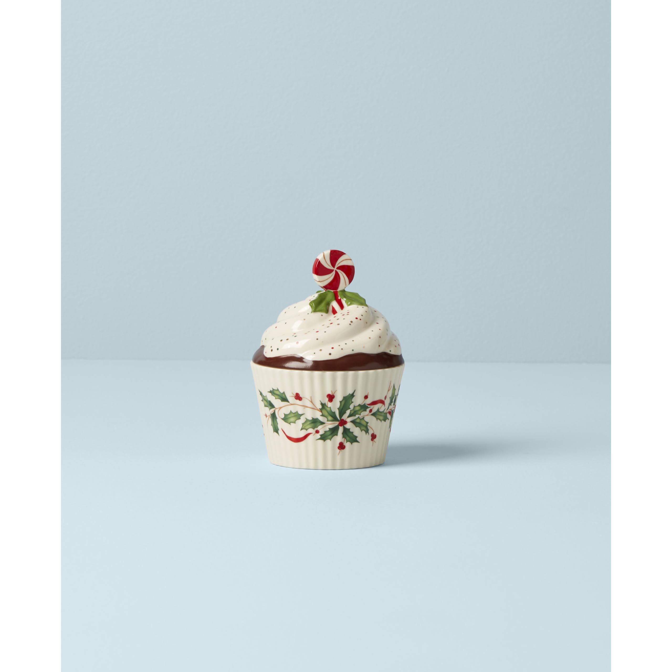 Lenox cupcake jar side holly detail highlighting hand-painted accent benefit