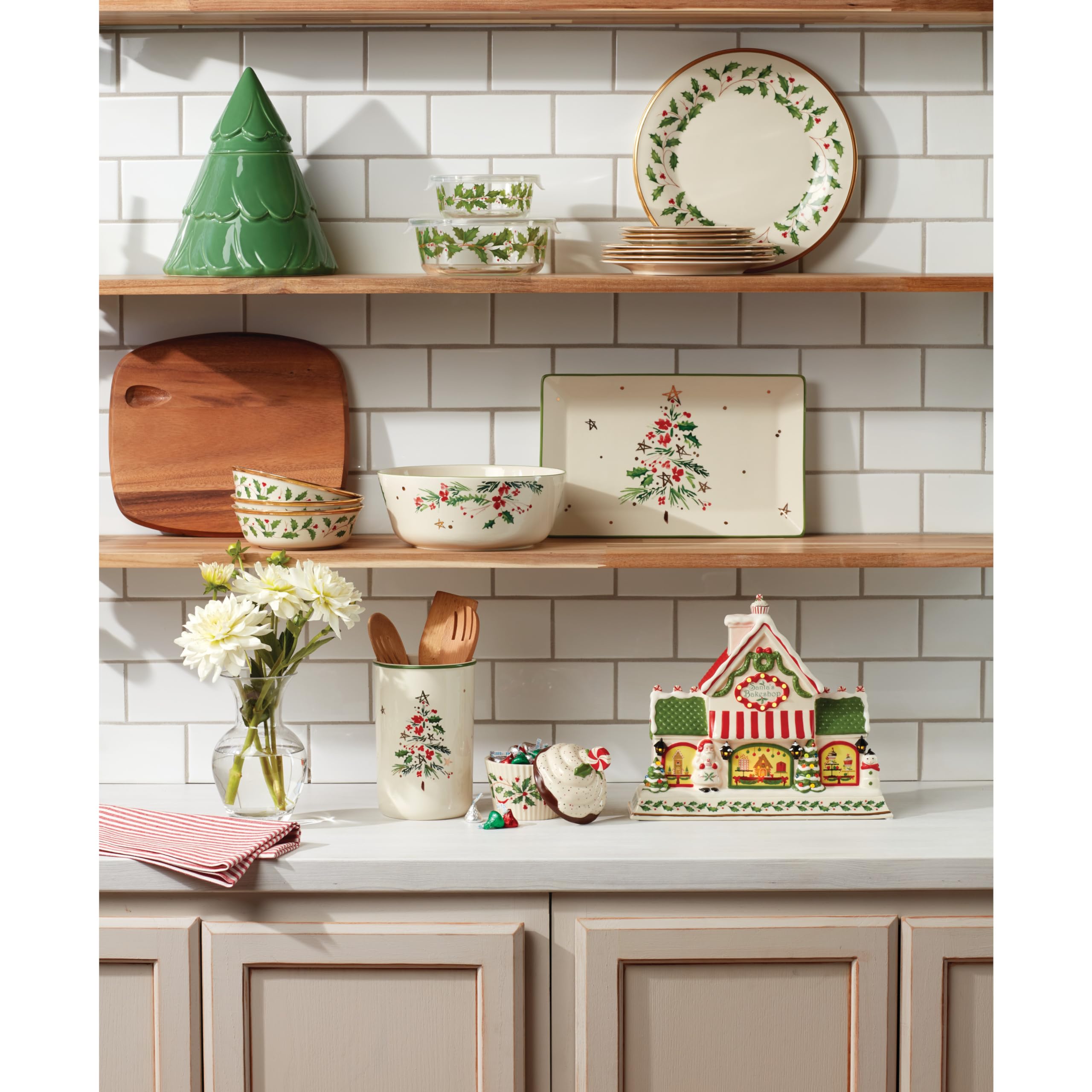 Lenox cupcake jar on a mantel with garland showing holiday styling benefit