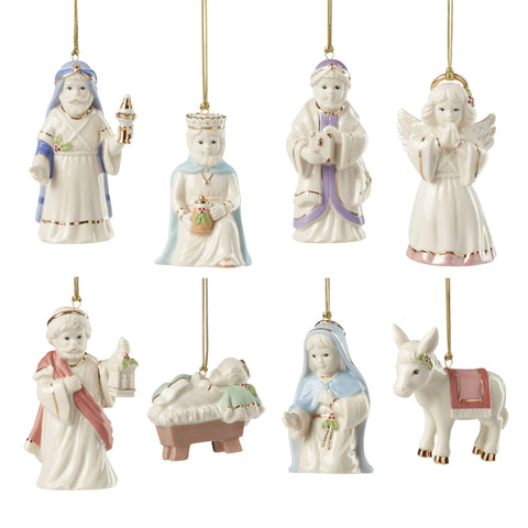 Lenox front view of the 8-piece nativity ornament set showing porcelain finish and gold accents