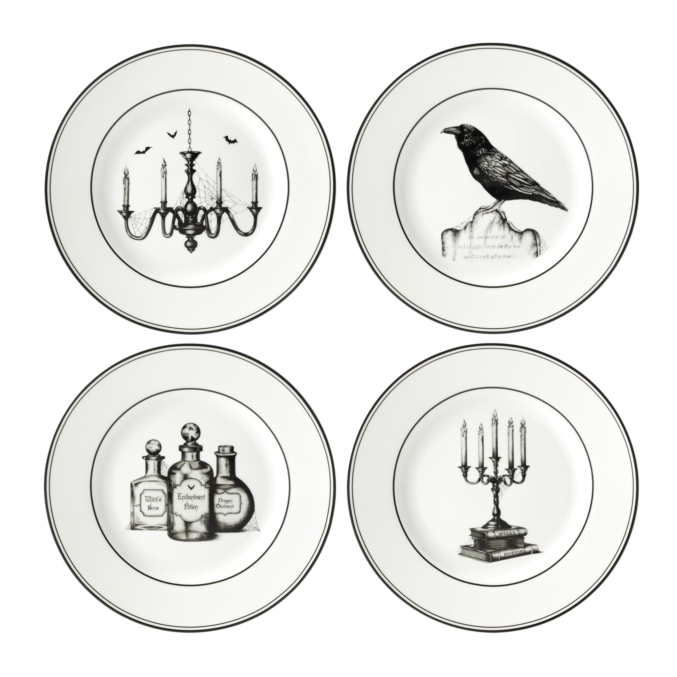 Lenox front view of four dessert plates showing cohesive vintage Halloween set benefit display