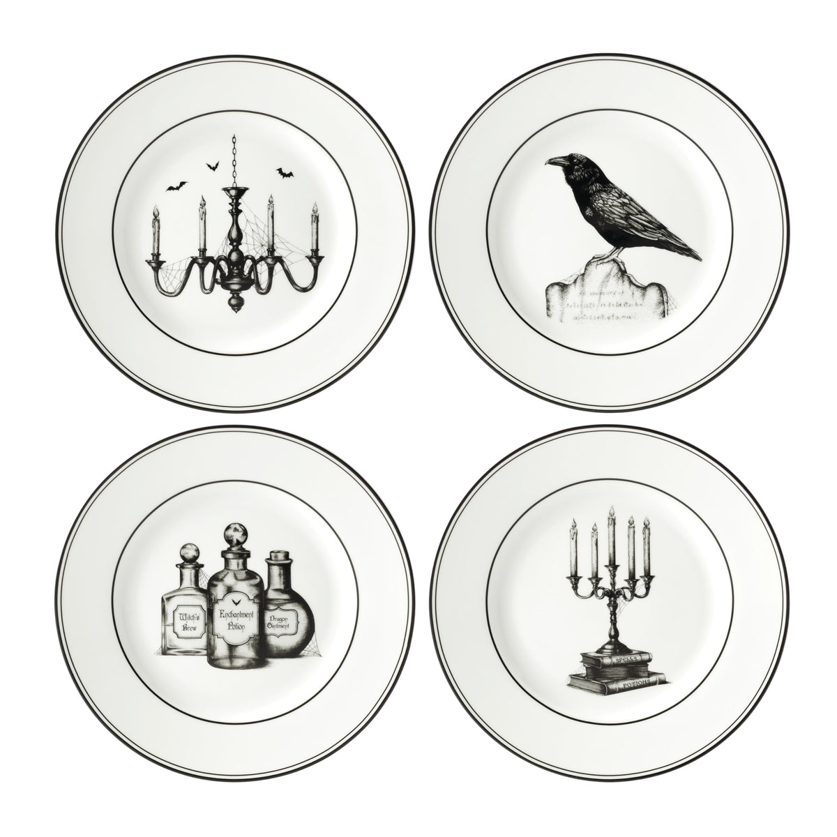 Lenox front view of four dessert plates showing cohesive vintage Halloween set benefit display