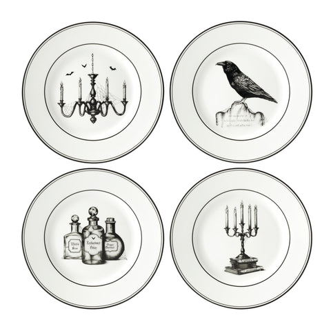 Lenox front view of four dessert plates showing cohesive vintage Halloween set benefit display
