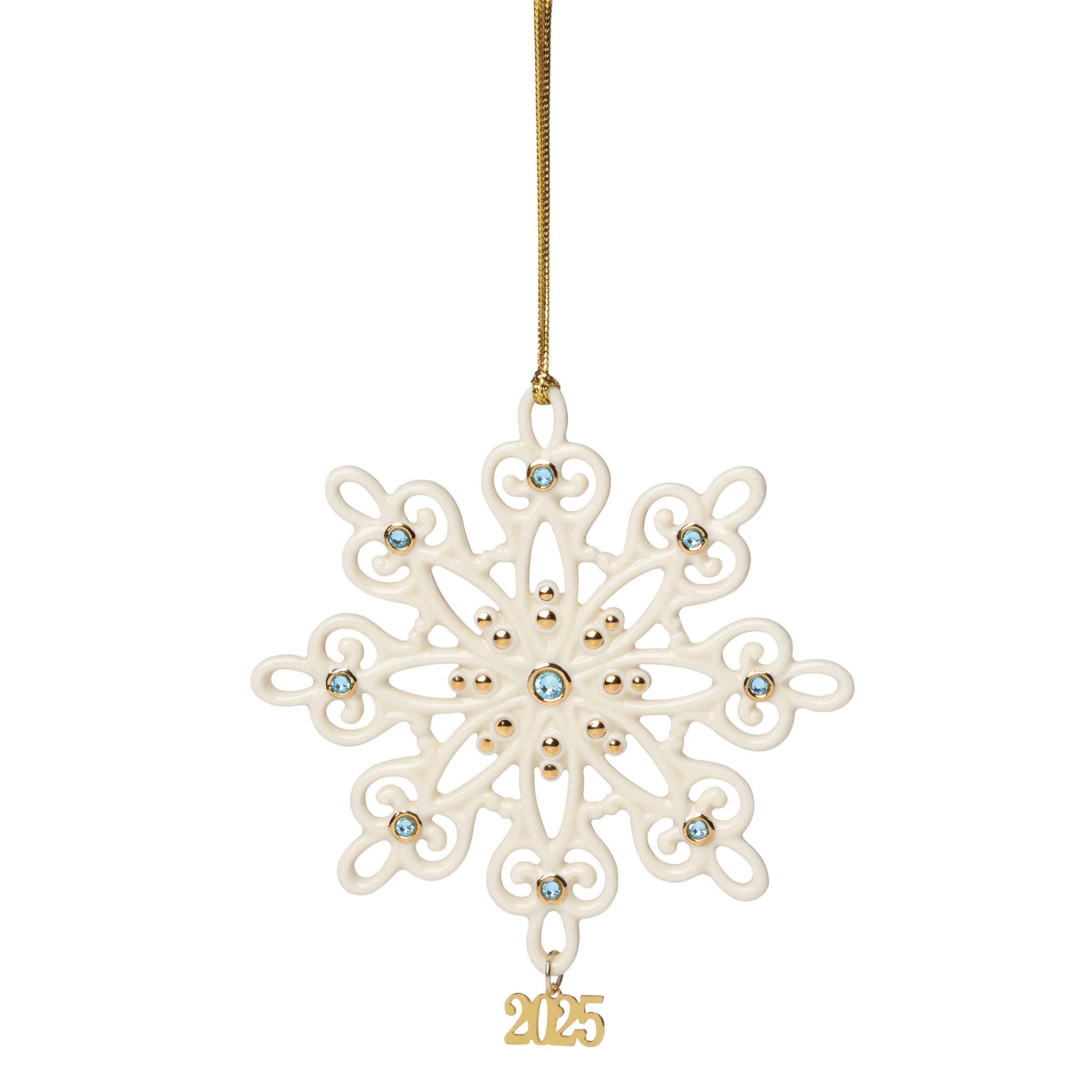 Lenox ornament front view showing elegant snowflake and cream finish benefits visual charm