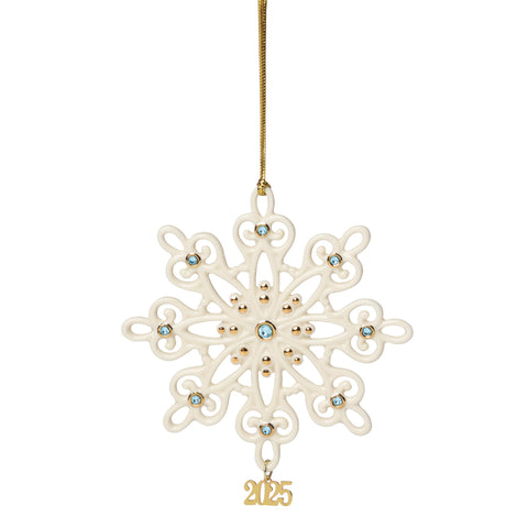 Lenox ornament front view showing elegant snowflake and cream finish benefits visual charm