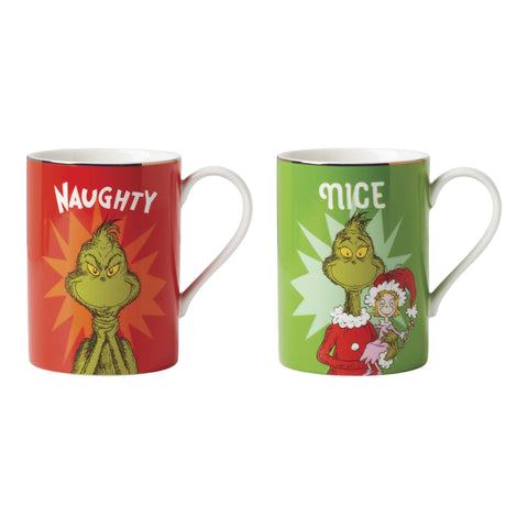 Lenox mug set front view showing naughty and nice Grinch designs for festive serving
