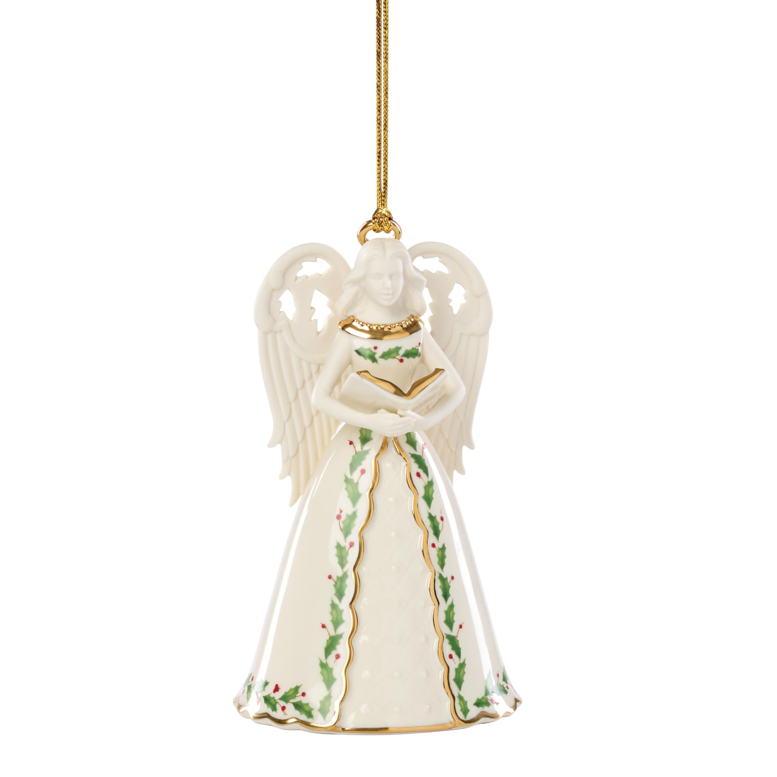 Lenox angel ornament front view showing porcelain detail and festive look
