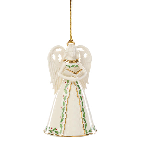 Lenox angel ornament front view showing porcelain detail and festive look