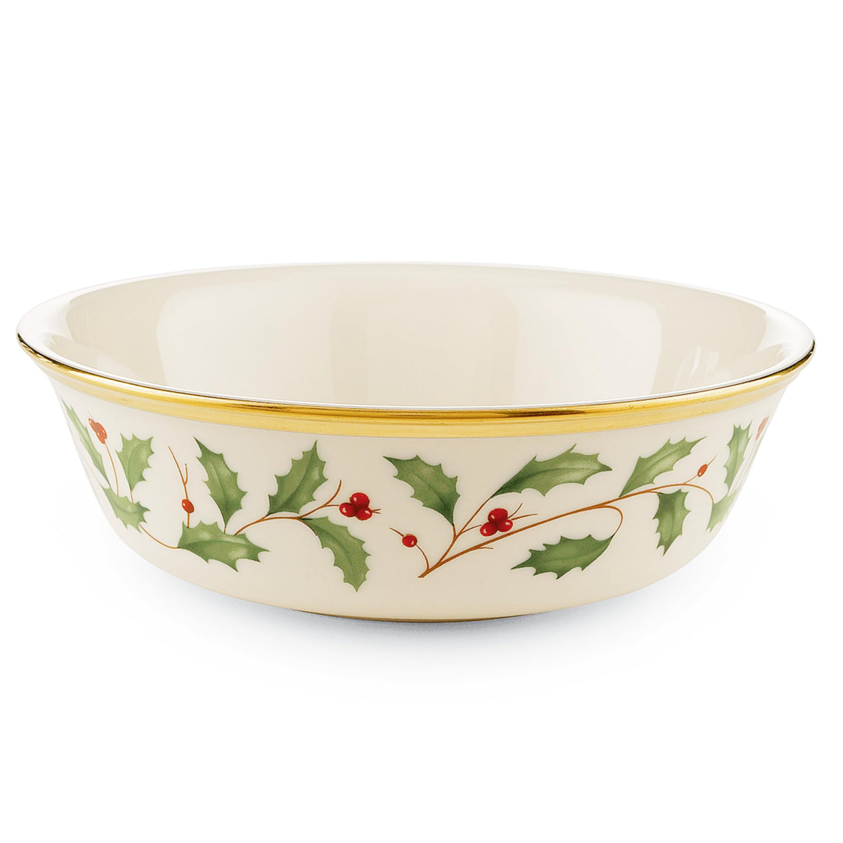 Lenox bowl front view showing holly motif and elegant shape for festive serving