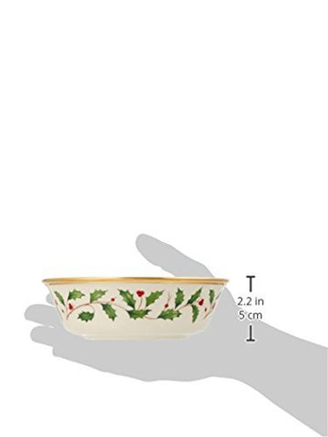 Lenox bowl detail of holly and berries pattern providing classic holiday charm
