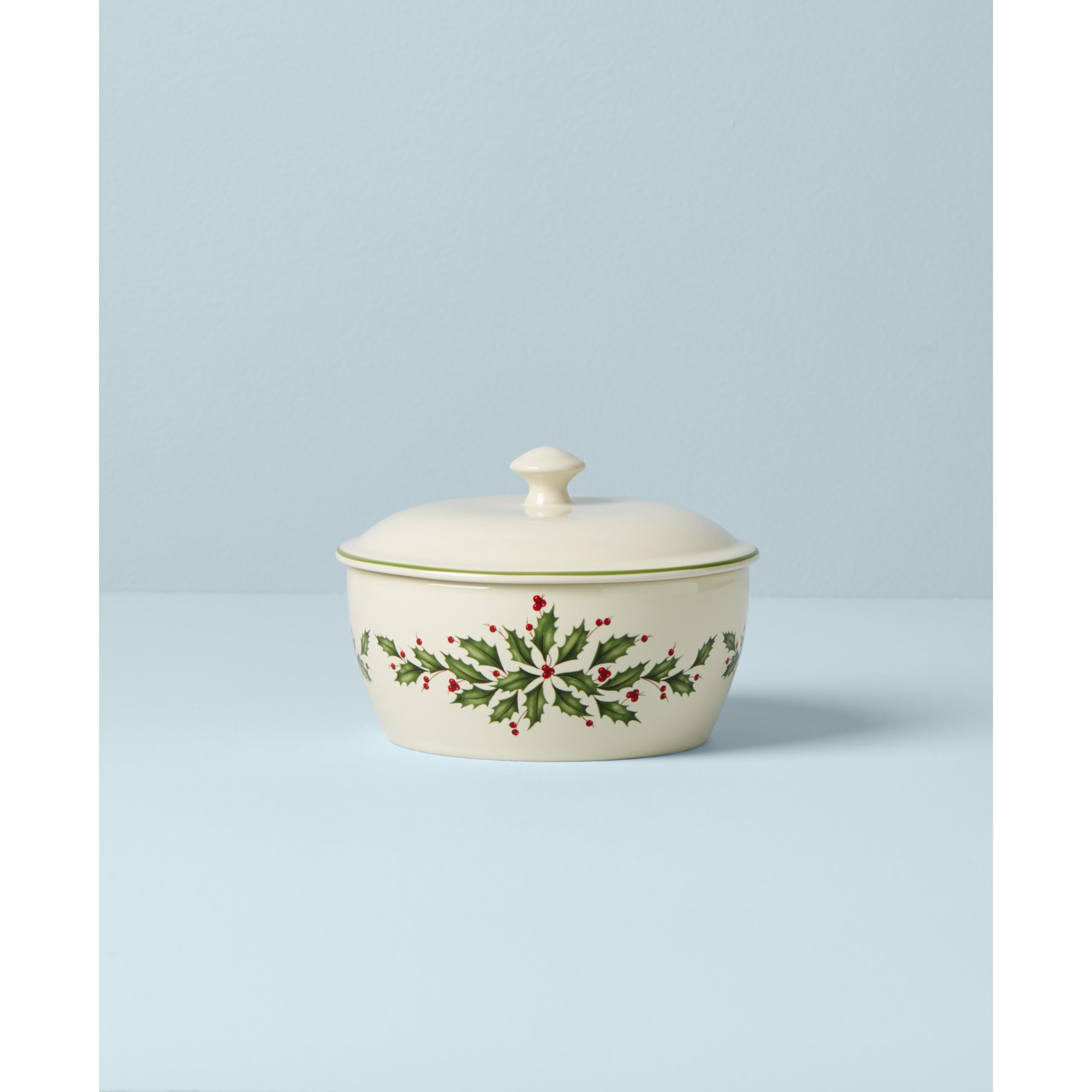 Lenox close-up of holly motif on porcelain rim highlighting seasonal decoration and durability
