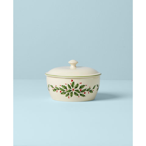Lenox close-up of holly motif on porcelain rim highlighting seasonal decoration and durability
