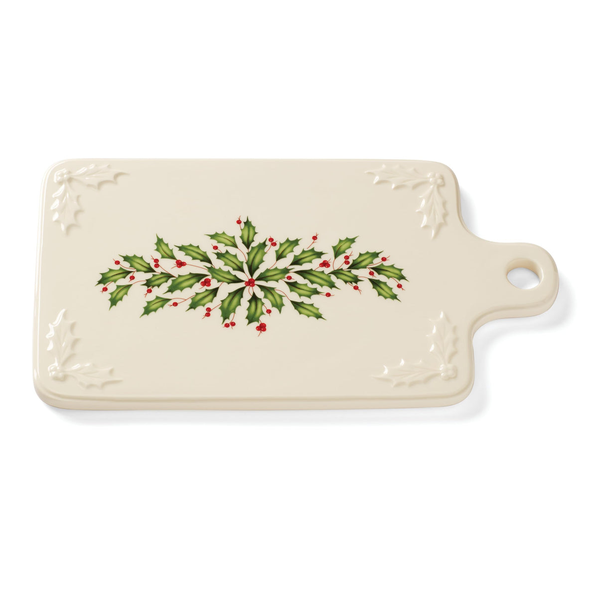 Lenox cheese board front view showcasing festive holly and elegant presentation benefit