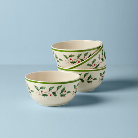 Lenox close-up of holly print detail on melamine bowl highlighting durable finish