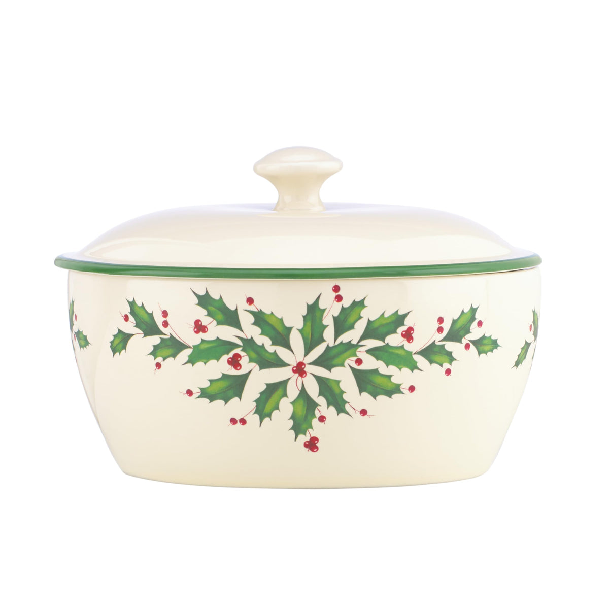 Lenox covered casserole front view showing ivory porcelain and festive look for serving