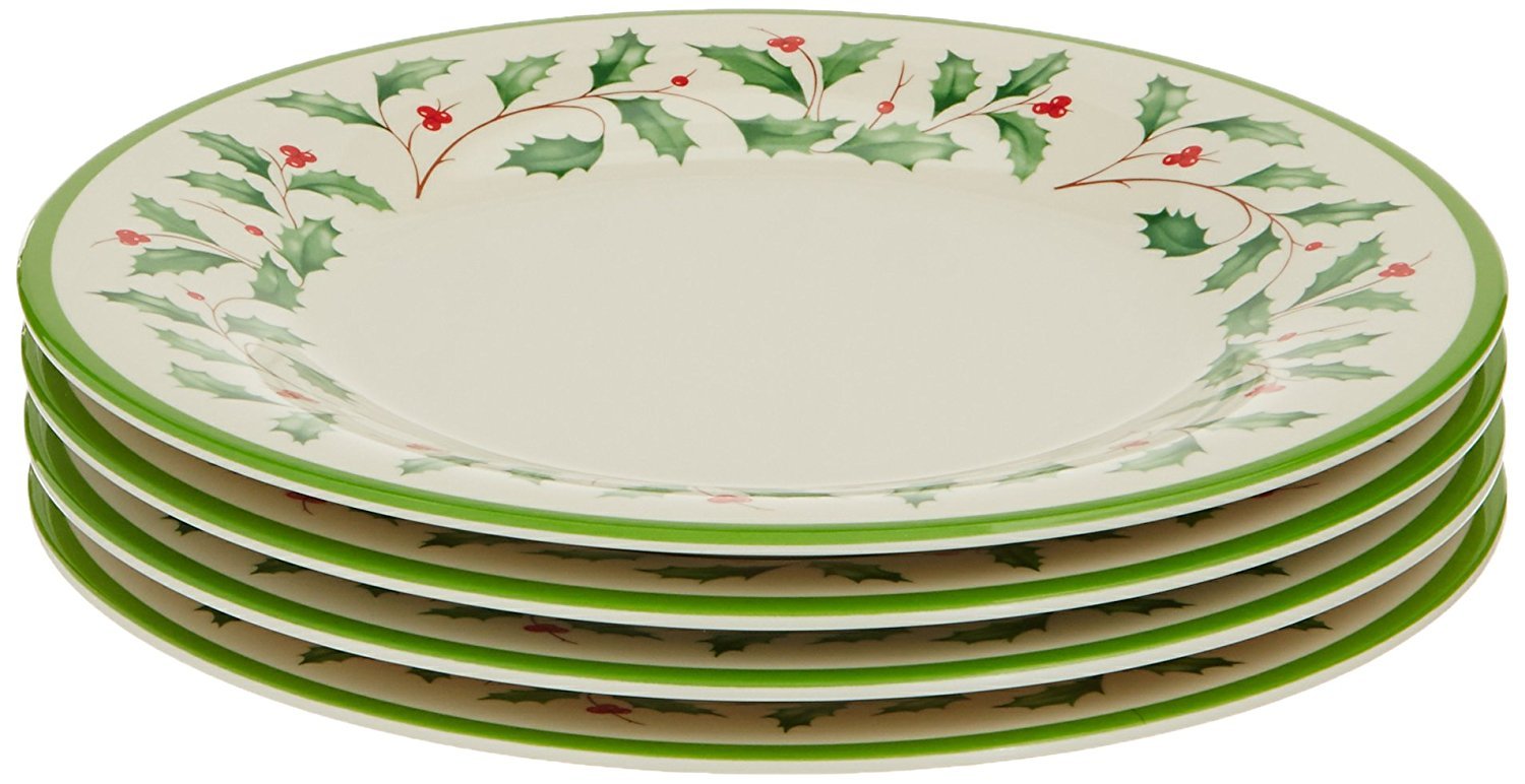 Lenox front view of the four-piece holiday melamine plate set showing festive holly design and easy use