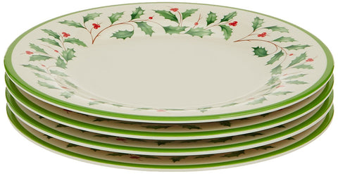Lenox front view of the four-piece holiday melamine plate set showing festive holly design and easy use