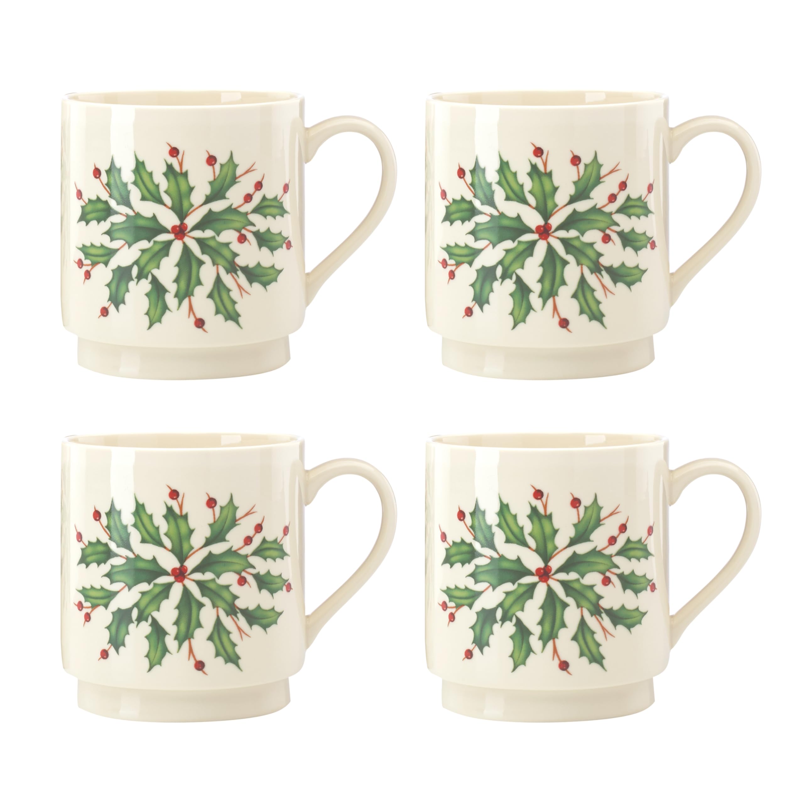 Lenox mug front view showing holly illustration and elegant ivory finish benefits display