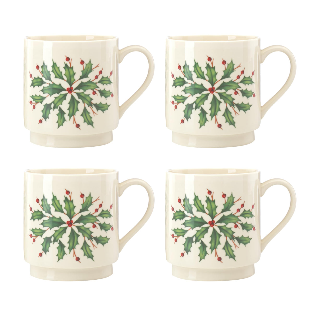 Lenox mug front view showing holly illustration and elegant ivory finish benefits display