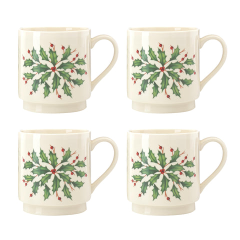Lenox mug front view showing holly illustration and elegant ivory finish benefits display