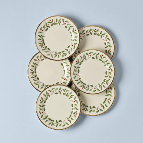 Lenox close-up of holly and berry motif highlighting vivid seasonal colors
