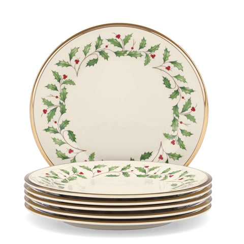 Lenox holiday salad plates front view showing holly pattern and festive charm