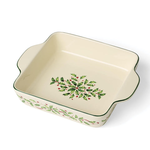 Lenox front view of square baking dish showing holiday pattern and serving-ready presentation