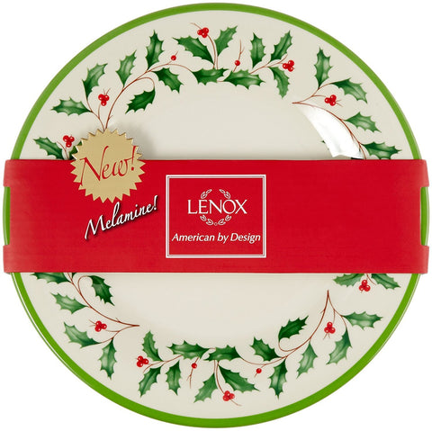 Lenox close-up of red-green holly pattern on melamine for durable, chip-resistant finish