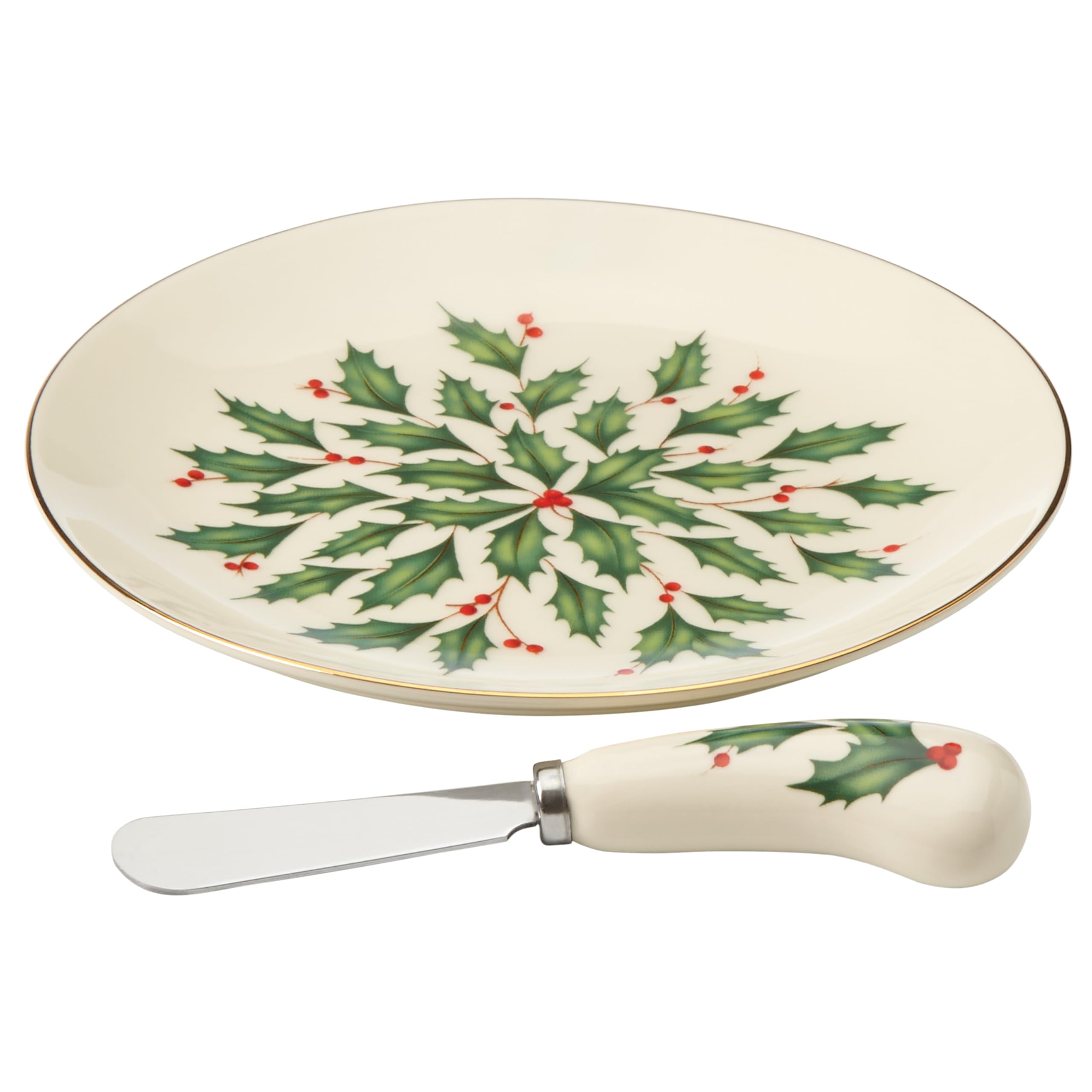 Lenox front view of ivory porcelain cheese plate showing holly motif and elegant presentation benefit