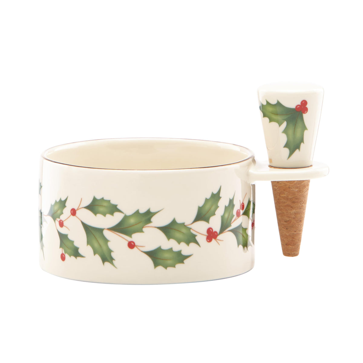 Lenox front view of wine coaster and stopper set showing festive holly and 24K gold accents for elegance
